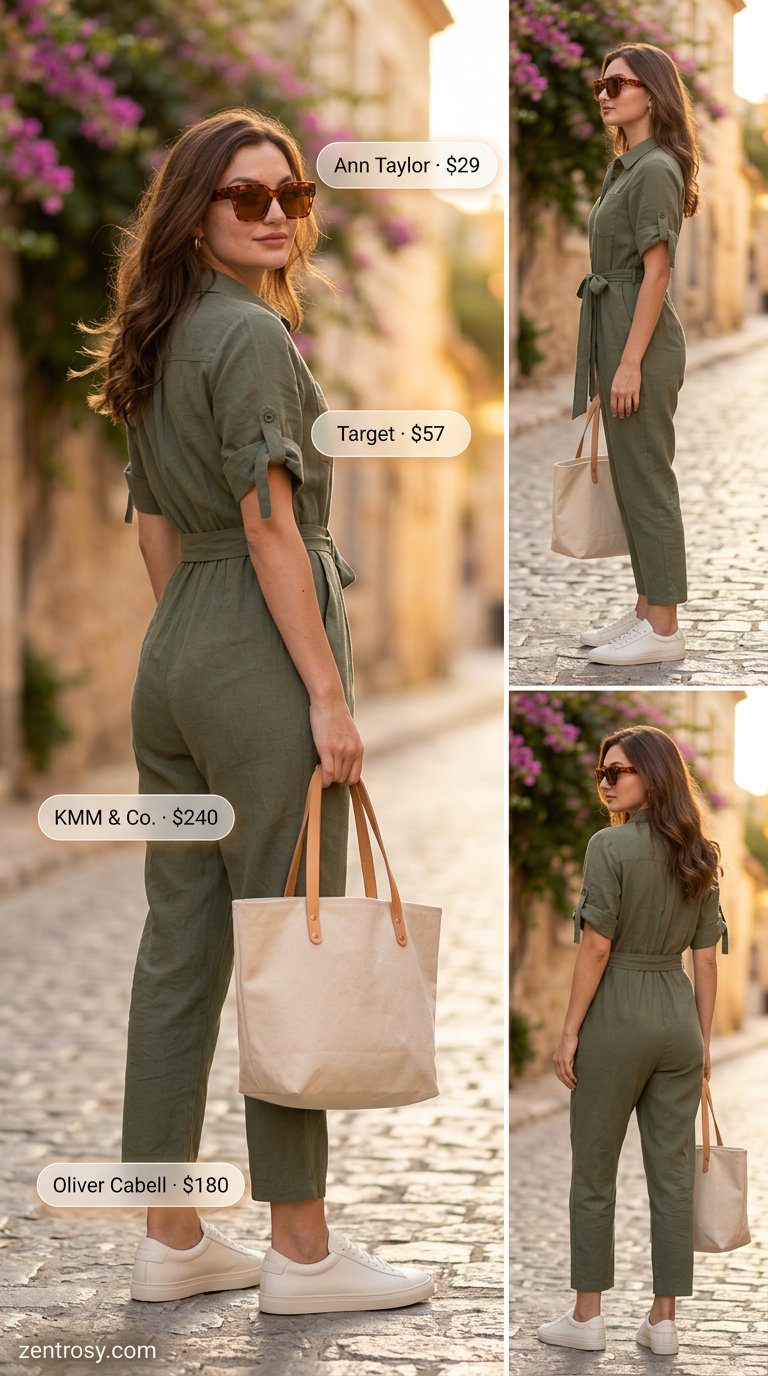 Quiet Luxury Summer Outfits 2026: Utility Jumpsuit No logo quiet luxury summer outfit: olive green jumpsuit, cream sneakers, tortoise sunglasses, canvas tote. Practical & stylish.