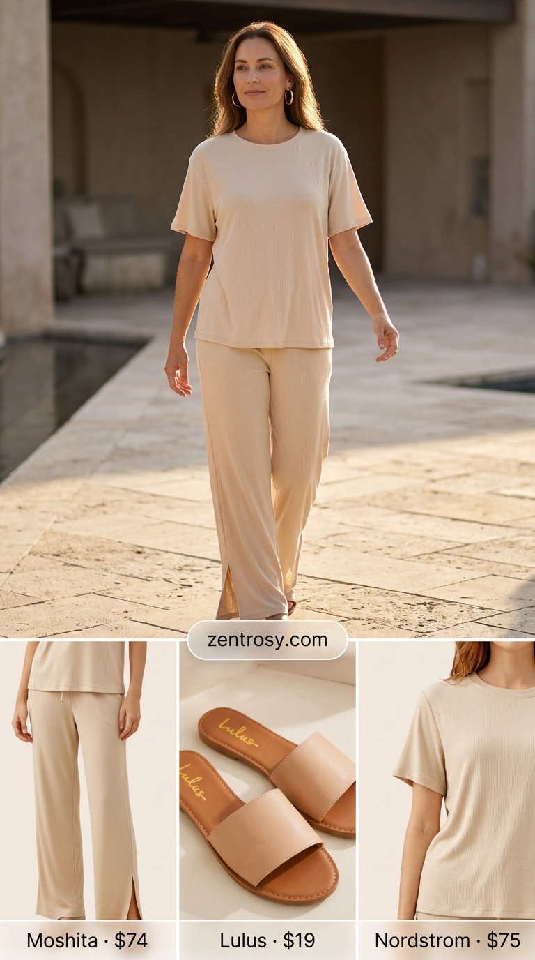 Quiet Luxury Summer Outfits 2026: Chic Matching Set No logo quiet luxury summer outfits for women 2026: Beige knit matching set with leather slides and gold hoops.