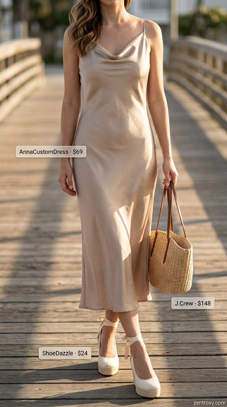Quiet Luxury Summer Outfits 2026: Coastal Silk Dress No logo quiet luxury summer outfits for women 2026: Dusty blue silk slip dress with espadrilles and straw tote.