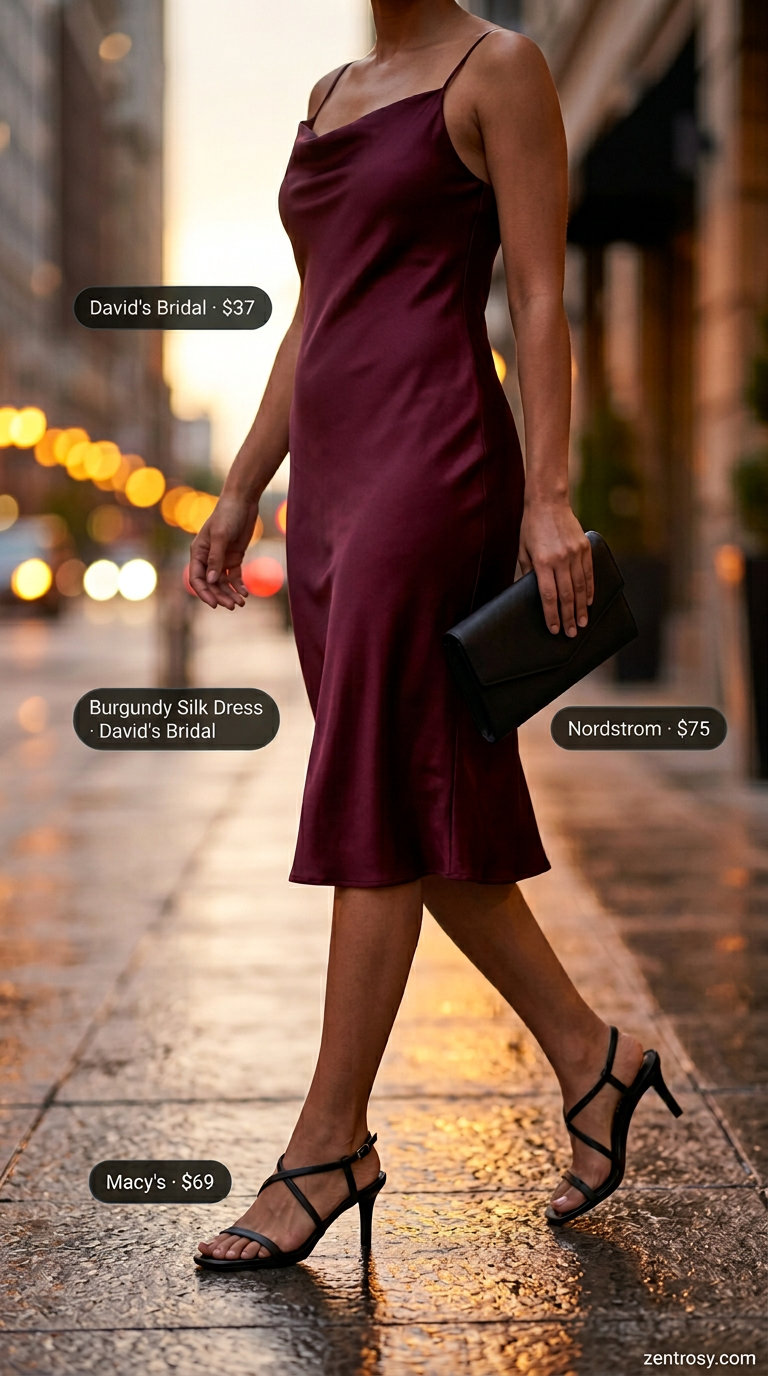 Quiet Luxury Summer Outfits 2026: Elegant Slip Dress No logo quiet luxury summer outfits for women 2026: Burgundy silk slip dress with black heels and silver earrings.