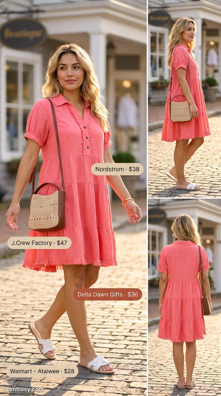 Quiet Luxury Summer Outfits 2026: Fresh Linen Dress No logo quiet luxury summer outfits for women 2026: Coral linen mini dress with raffia bag and gold bangle.
