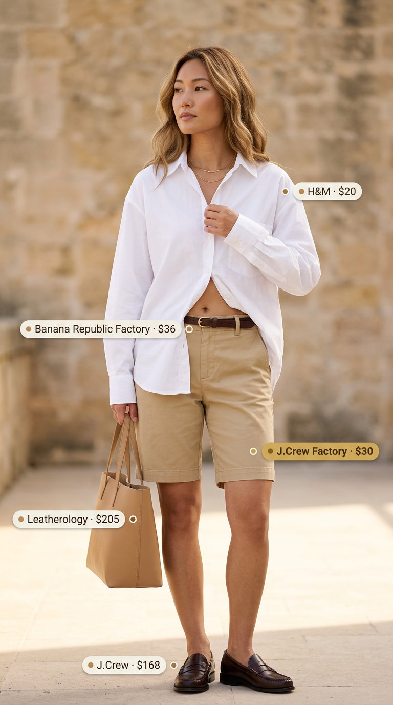 Quiet Luxury Summer Outfits 2026: Polished Shorts Look No logo quiet luxury summer outfits for women 2026: Khaki Bermuda shorts with white oversized shirt and leather loafers.