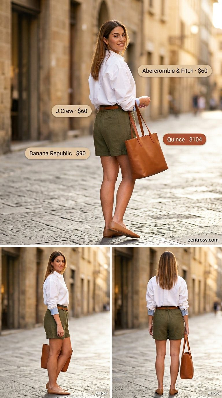 Quiet Luxury Summer Outfits 2026: Chic Linen Shorts No logo quiet luxury summer outfits for women 2026: Olive green linen shorts with white shirt and ballet flats.