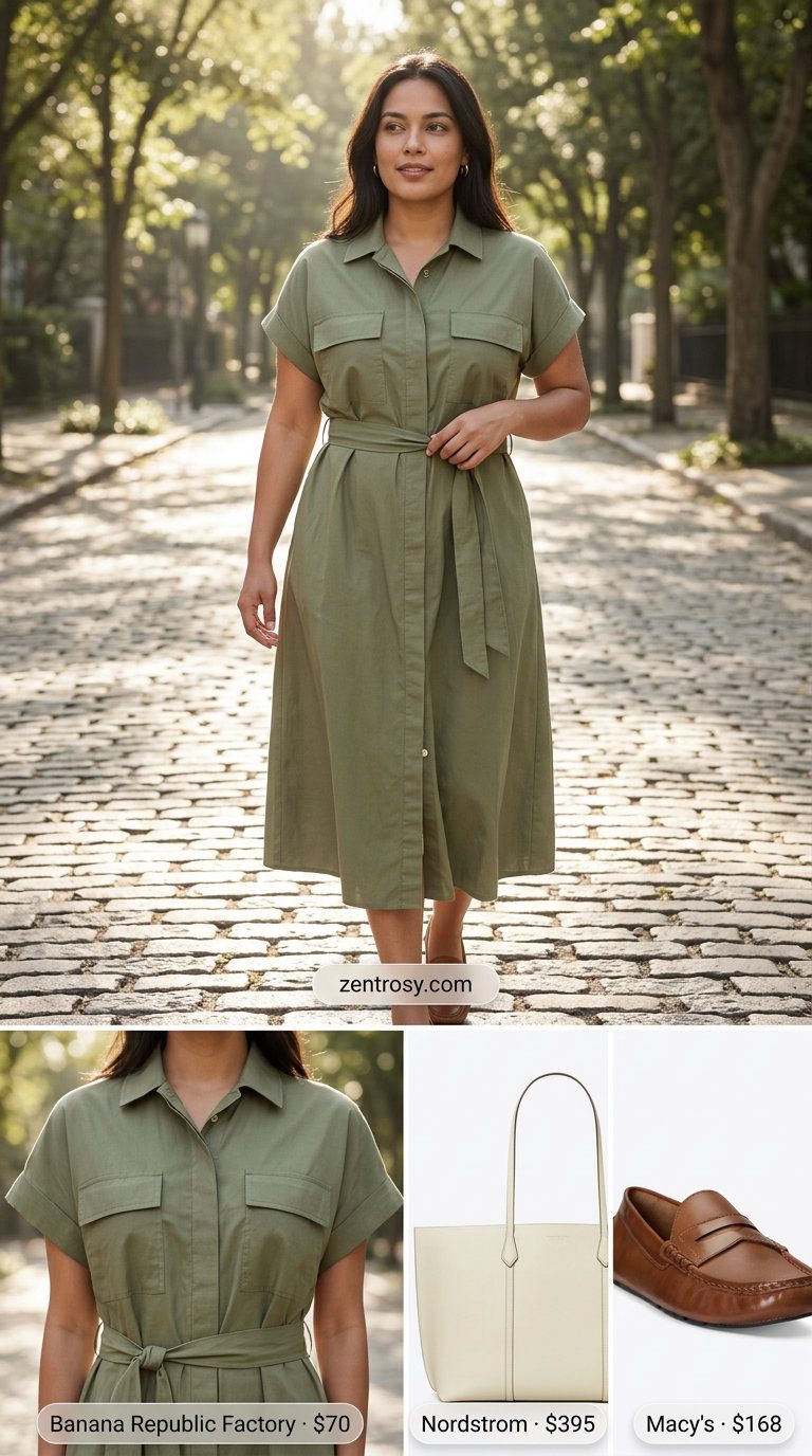 Quiet Luxury Summer Outfits 2026: Elegant Shirtdress No logo quiet luxury summer outfits for women 2026: Sage green linen shirtdress with leather loafers and gold watch.