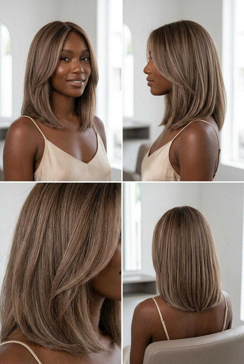 collarbone-length long bob with oat milk ash brown and cool beige babylights, subtle face-framing — beachy