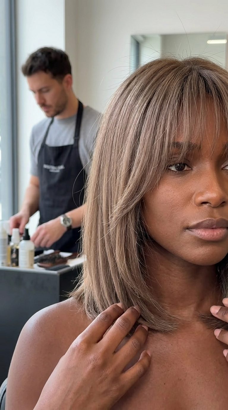 collarbone-length lob with ash brown hair and Birkin bangs, soft layers — modern chic