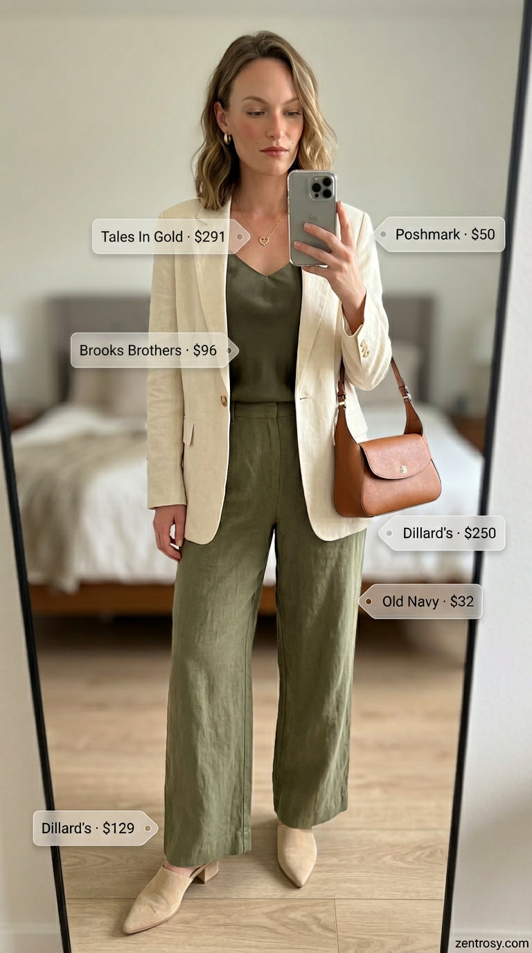Monochromatic Linen Elegance 2026 Polished olive green linen wide leg pants outfit with blazer for office casual in 2026.