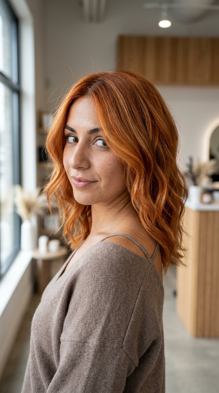 long layered auburn foilayage with orange-auburn & golden-copper tones, face-framing highlights