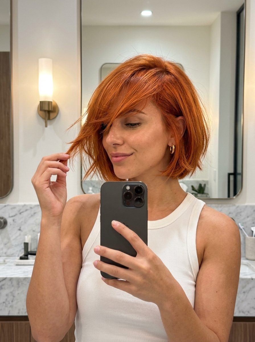 chin-length orange-red bob with strawberry blonde ribbons and razored ends for summer