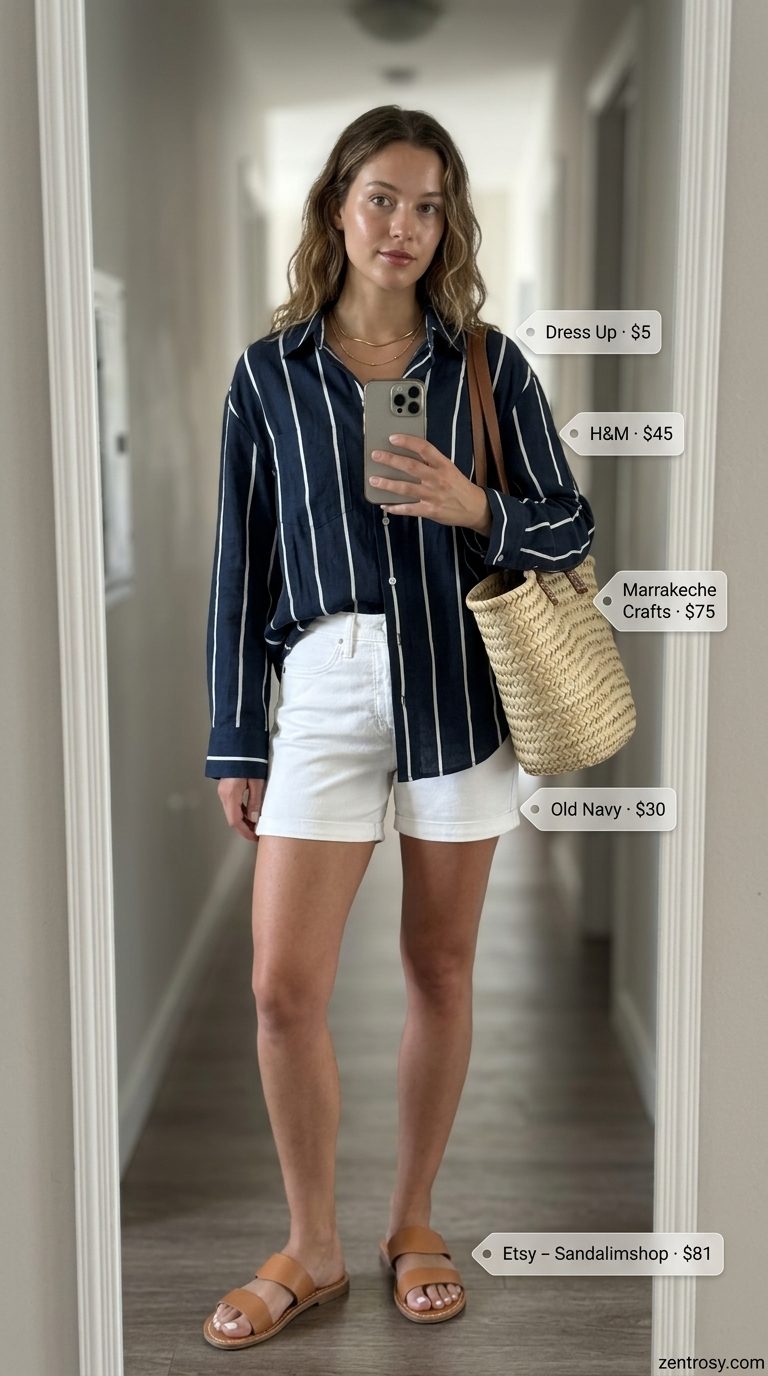 Oversized navy and white striped linen shirt, white denim shorts, tan slides. Oversized streetwear summer outfit for women 2026.