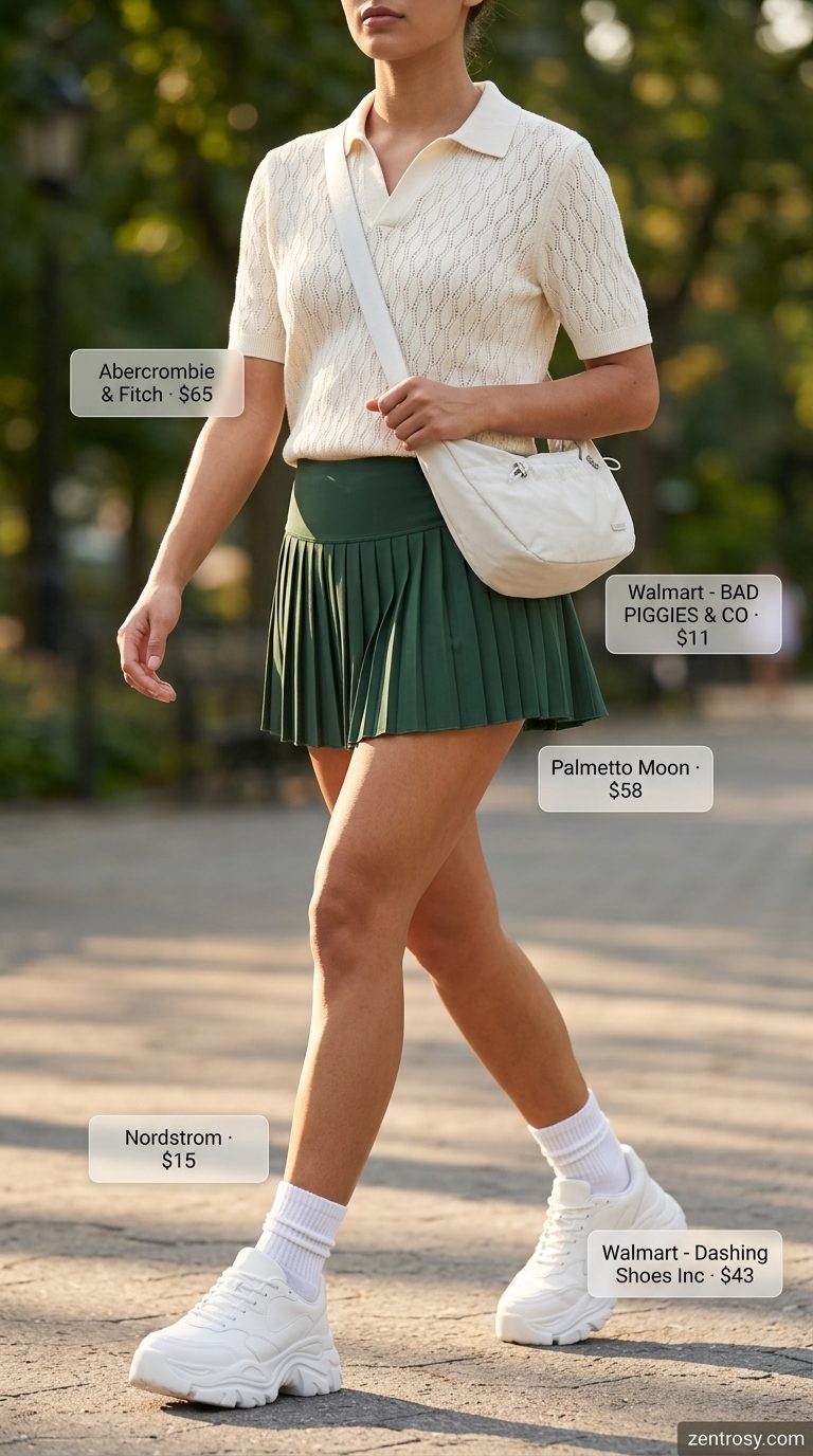 Cream oversized knit polo, forest green tennis skirt, white sneakers. Oversized streetwear summer outfit for women 2026.