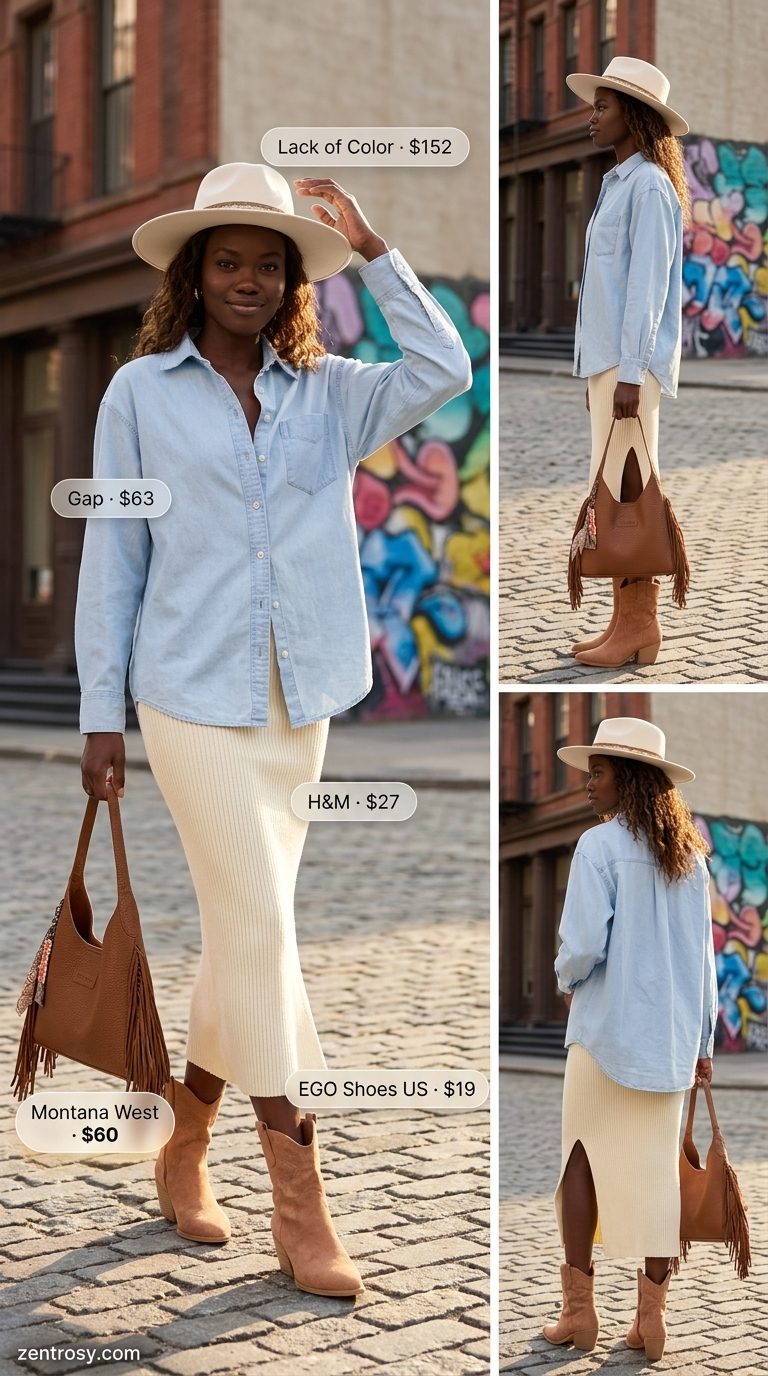 Oversized streetwear summer outfit for women 2026: Denim shirt, ribbed midi skirt, fedora, western boots, fringe bag.