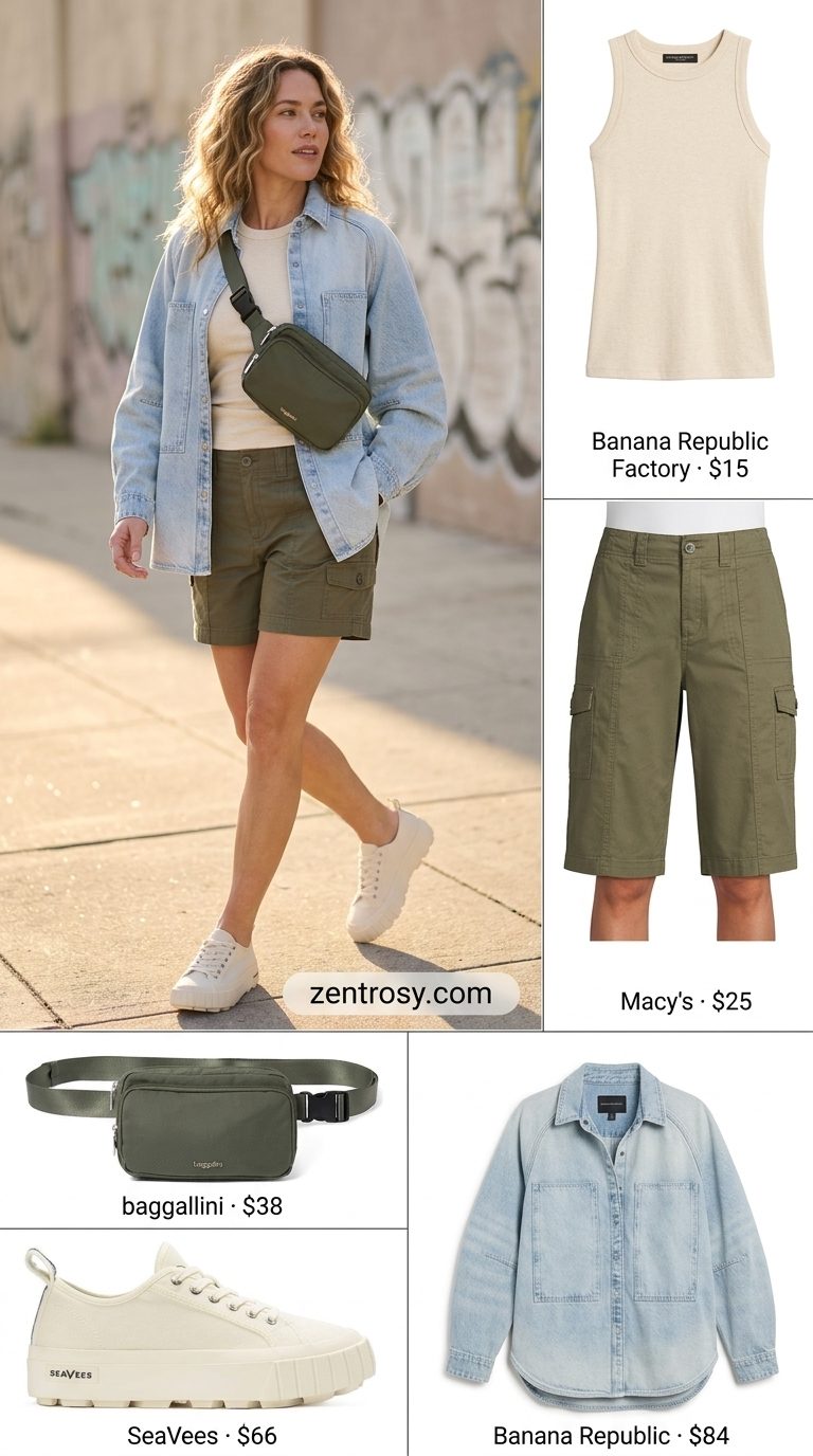 Light wash denim oversized shirt, olive cargo shorts, cream tank. Oversized streetwear summer outfit for women 2026.
