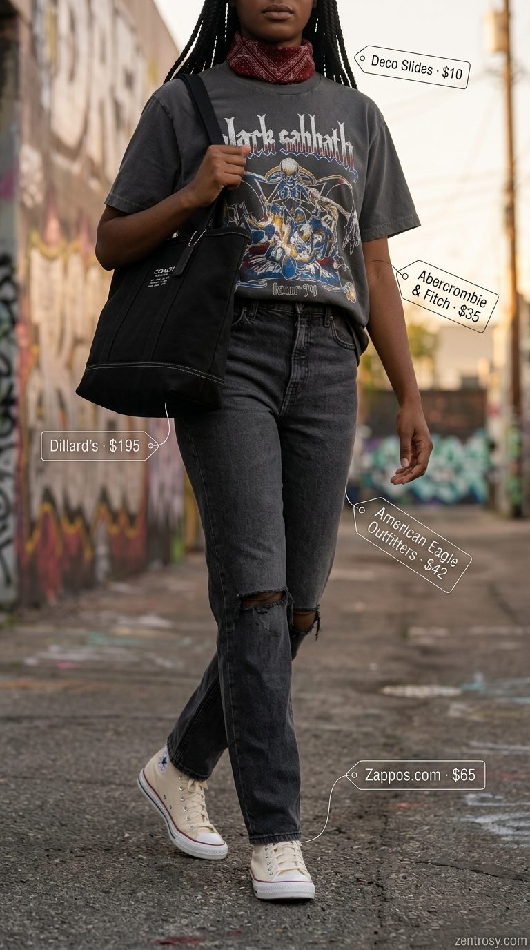 Oversized streetwear summer outfit for women 2026: Charcoal band tee, distressed jeans, red bandana, canvas sneakers.