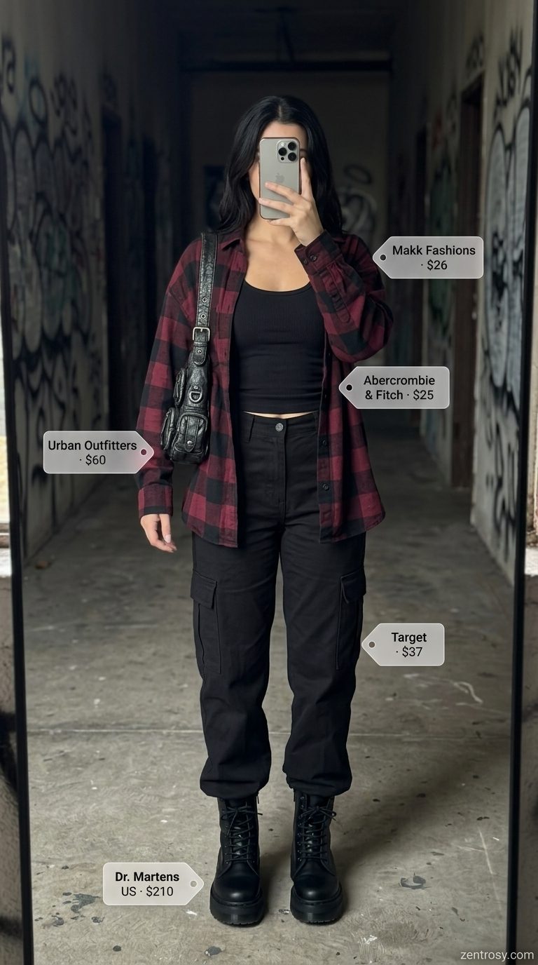 Red plaid oversized flannel, black cargo pants, combat boots. Oversized streetwear summer outfit for women 2026.
