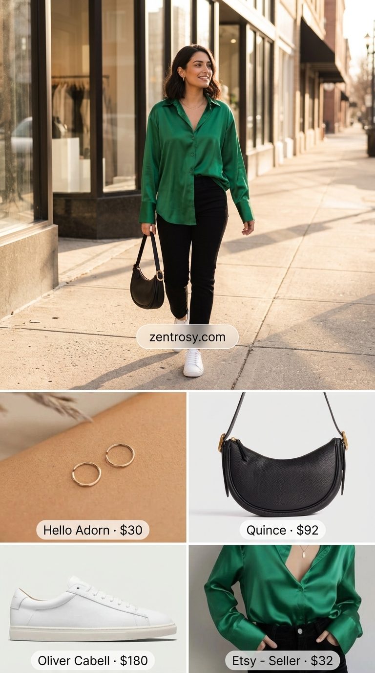 Oversized streetwear summer outfit for women 2026: Emerald green silk shirt, biker shorts, sleek sneakers, gold earrings.