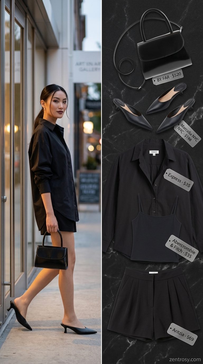 Black oversized shirt, black wide-leg shorts, black mules. Oversized streetwear summer outfit for women 2026.