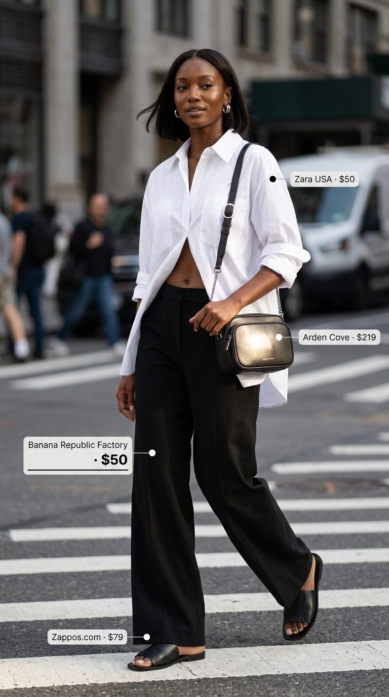 Oversized streetwear summer outfit for women 2026: White poplin shirt, black trousers, leather slides, crossbody bag.