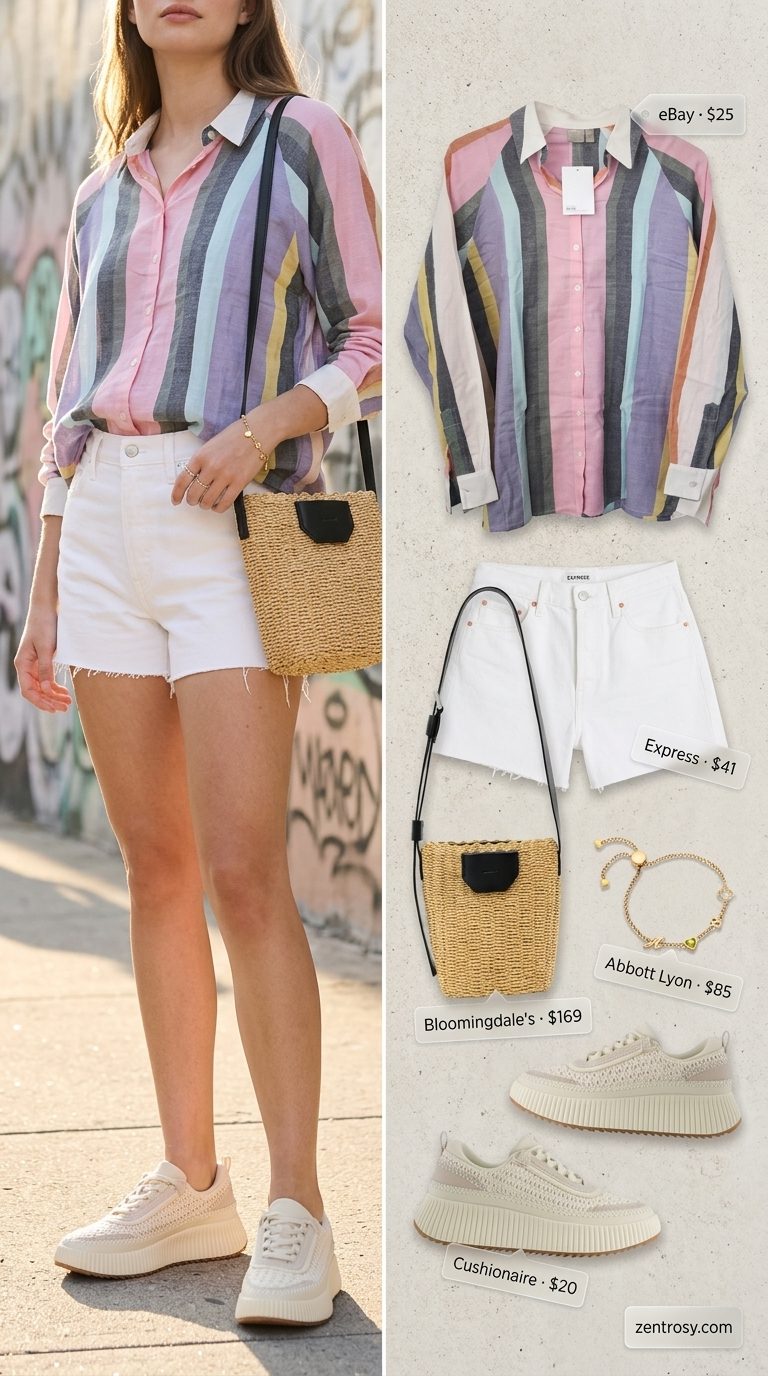 Pastel striped oversized shirt, white denim shorts, espadrilles. Oversized streetwear summer outfit for women 2026.