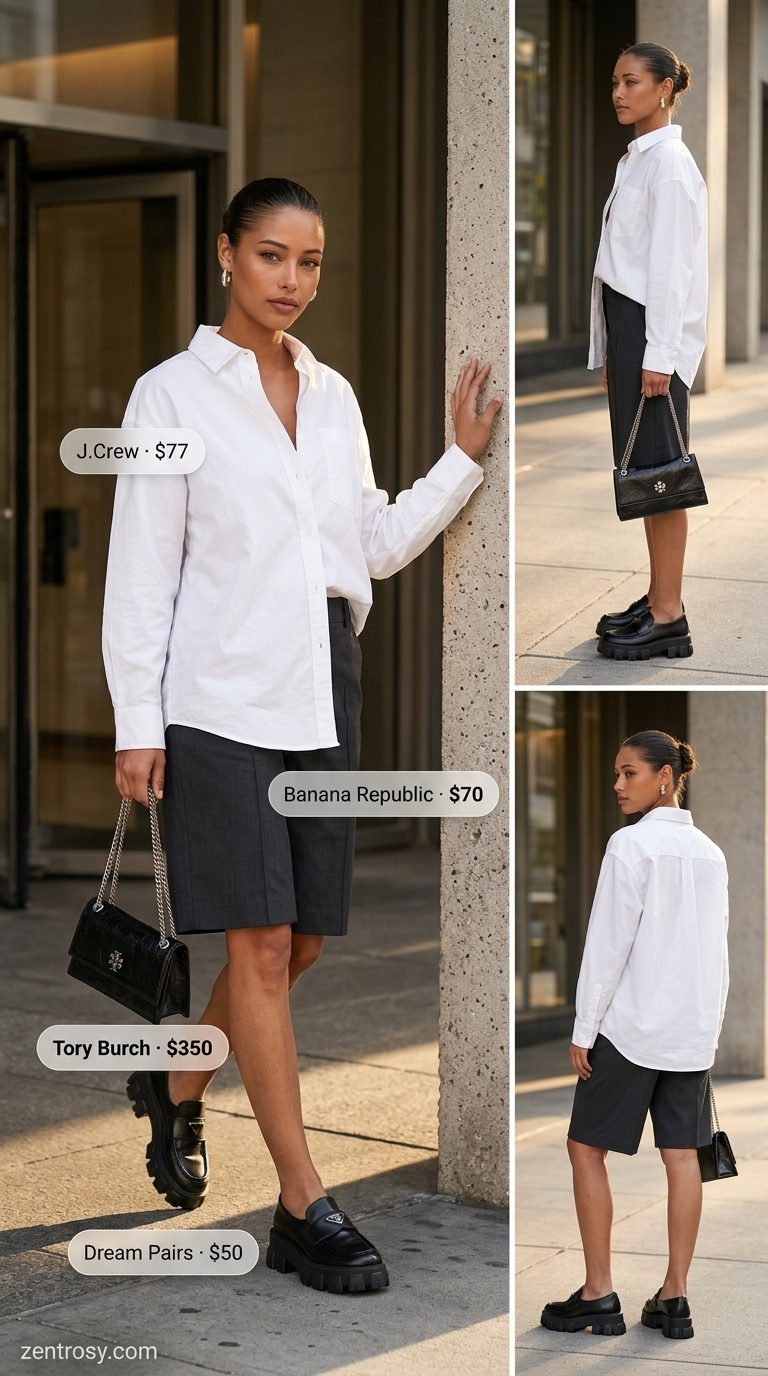 White oversized shirt, charcoal Bermuda shorts, black loafers. Oversized streetwear summer outfit for women 2026.
