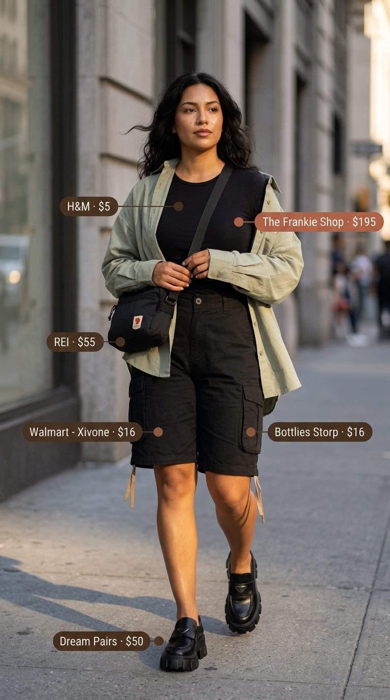 Khaki oversized cargo shirt, black cargo shorts, black loafers. Oversized streetwear summer outfit for women 2026.
