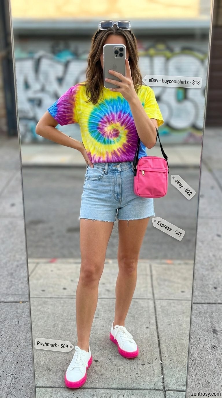 Tie-dye oversized t-shirt, white shorts, neon pink bag. Oversized streetwear summer outfit for women 2026.