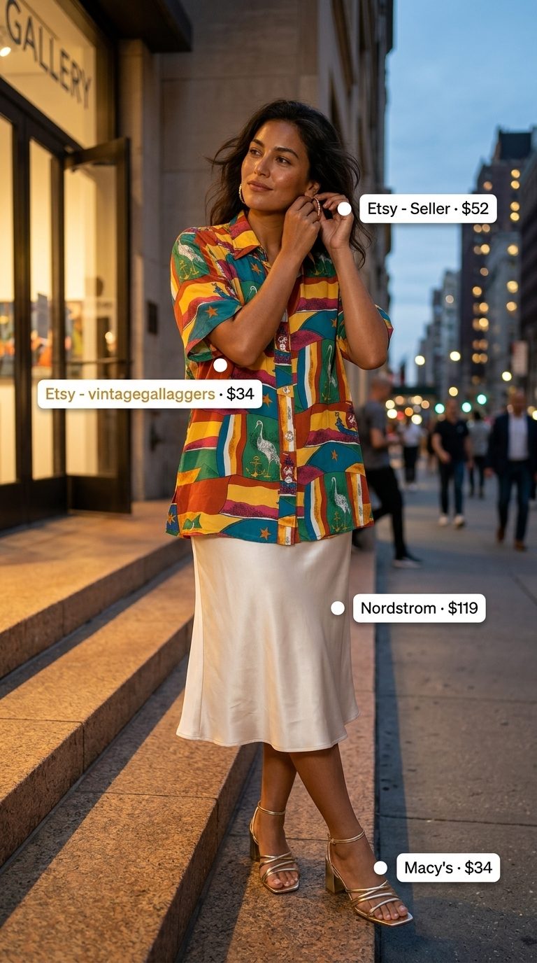 Oversized streetwear summer outfit for women 2026: Art Gallery Urbanity with abstract print shirt, satin skirt, and block heels.