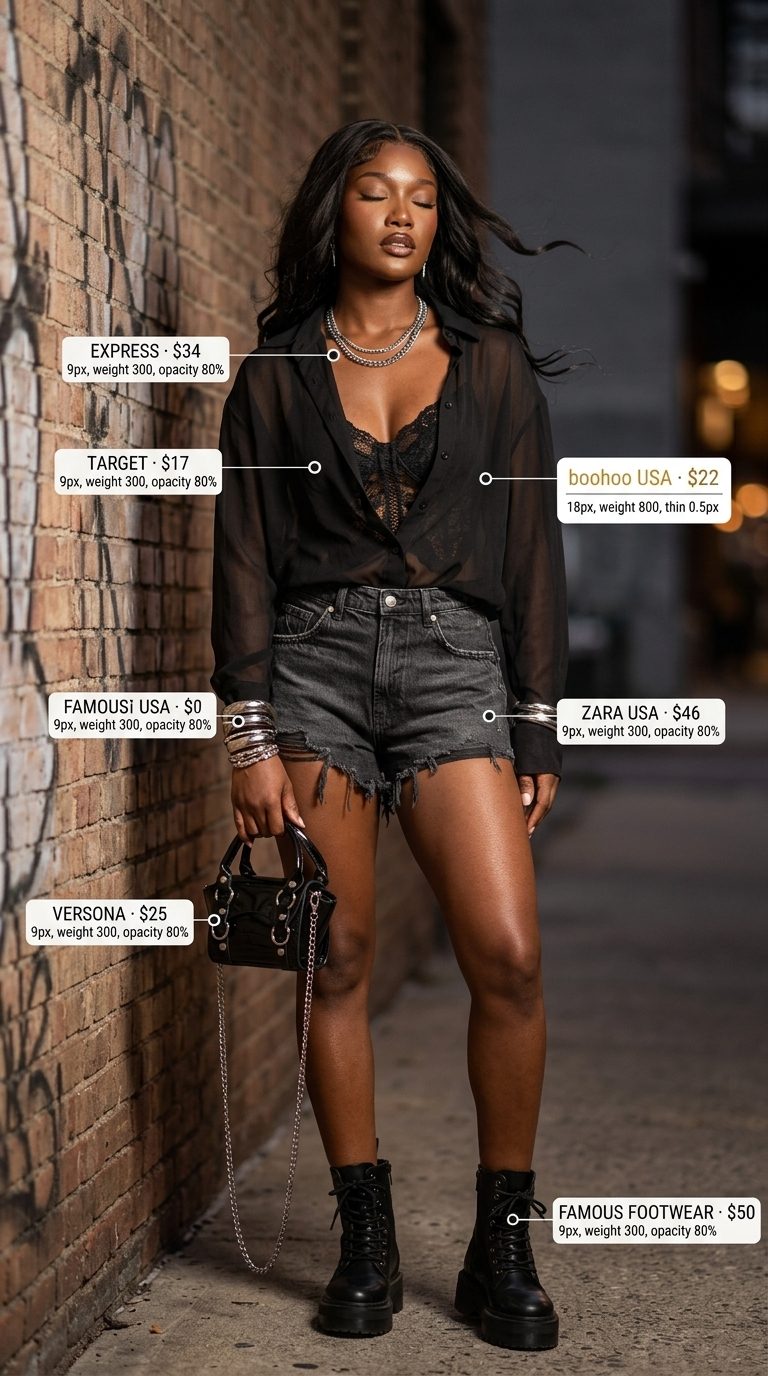 Oversized streetwear summer outfit for women 2026: Glam Grunge Night Out with black sheer shirt, distressed shorts, and combat boots.