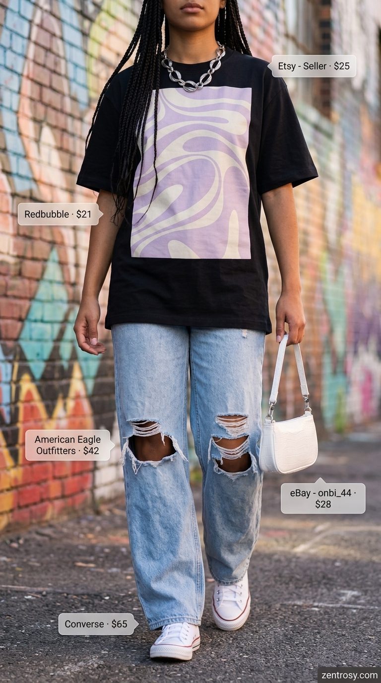 Oversized streetwear summer outfit for women 2026: Pastel Graffiti Muse with graphic tee, baggy jeans, and high-tops.