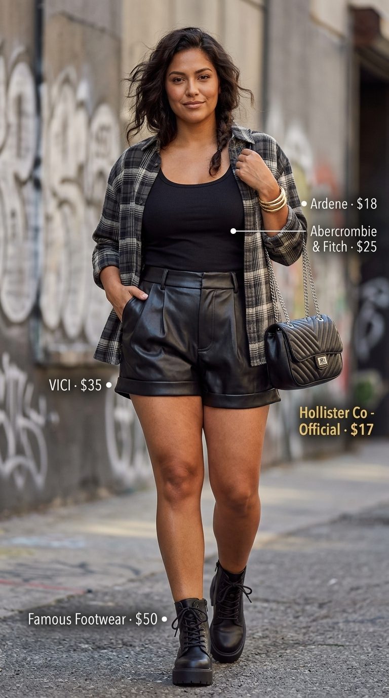 Oversized streetwear summer outfit for women 2026: Rebel Flannel Nights with plaid shirt, faux leather shorts, and combat boots.