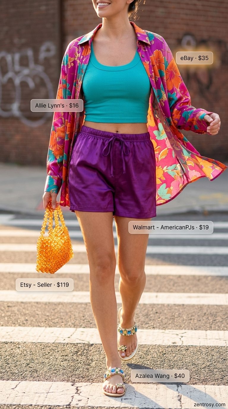 Oversized streetwear summer outfit for women 2026: Tropical Pop Maximalist with floral shirt, satin shorts, and embellished sandals.