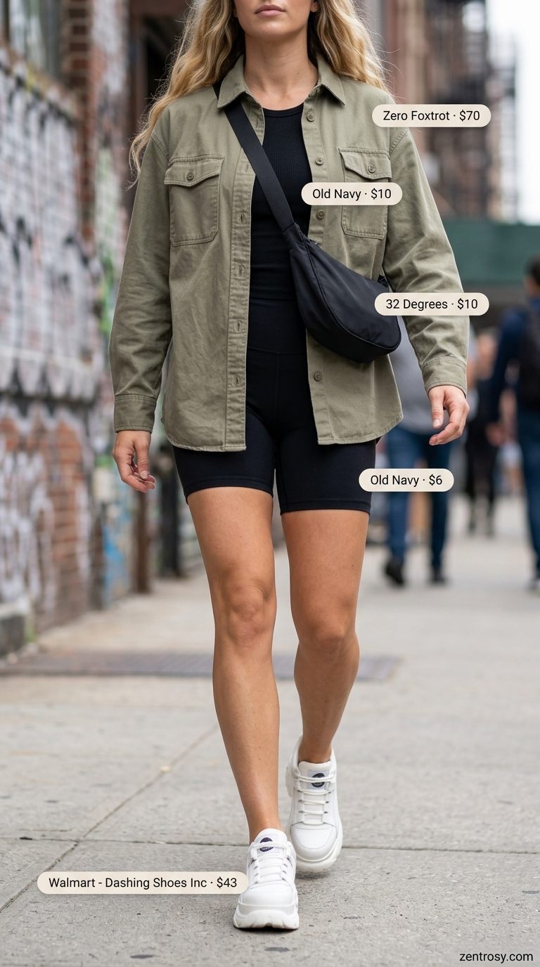 Oversized streetwear summer outfit for women 2026: Urban Safari Edge with khaki utility shirt, biker shorts, and sneakers.