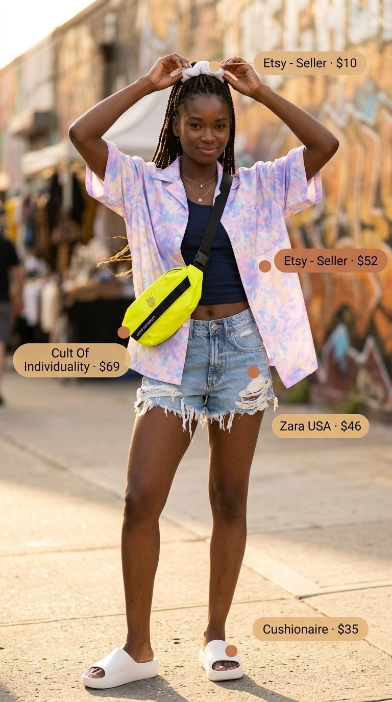 Oversized streetwear summer outfit for women 2026: Y2K Pastel Tie-Dye look with lavender shirt, denim shorts, and platform sandals.