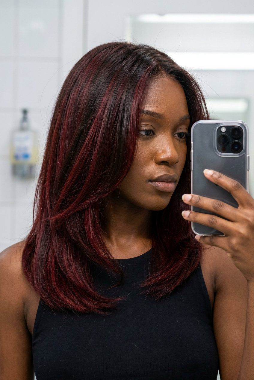 blunt cut oxblood auburn underlights, edgy mood