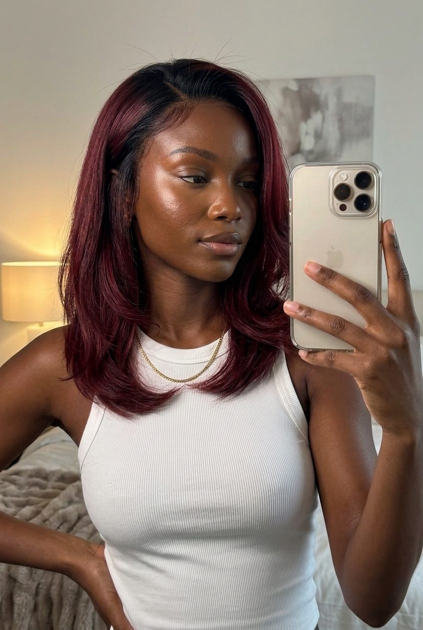 long subtle layers oxblood color melt haircut with violet undertones, sultry glam