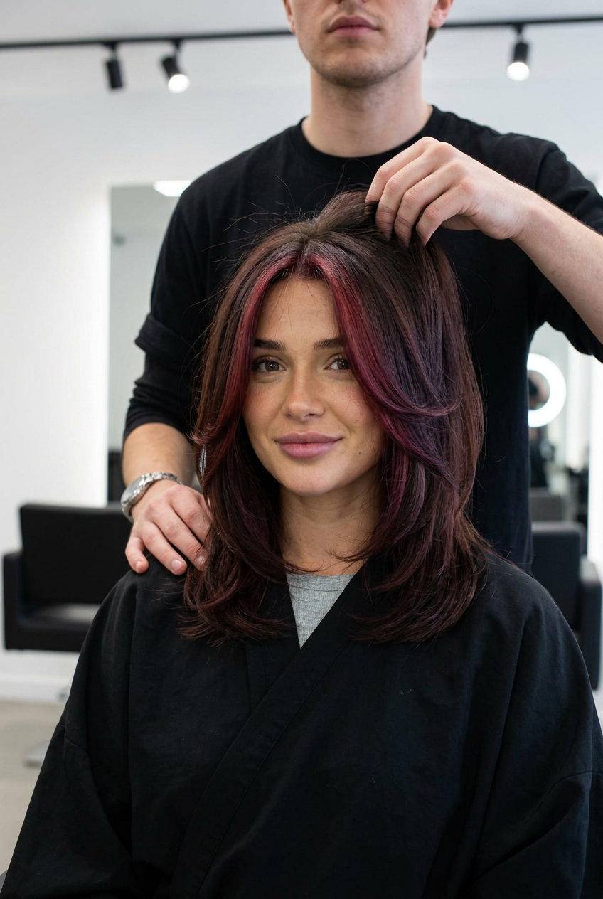 long layered oxblood red hair with face-framing highlights, foiling technique, no fringe — bold summer night out