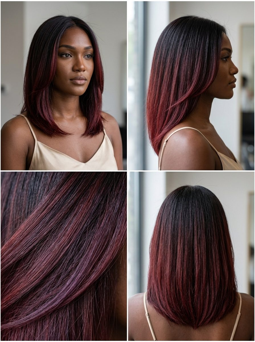 long layered cut oxblood ombré with violet undertones, dark root — bold festival