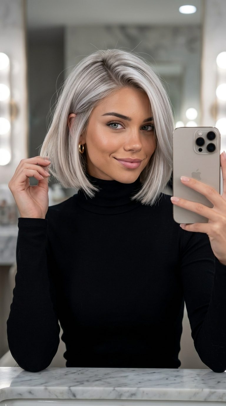 Oyster Shell Platinum Bixie: Edgy Cut 2026 short blunt bixie haircut in oyster shell platinum blonde with deep side part for event