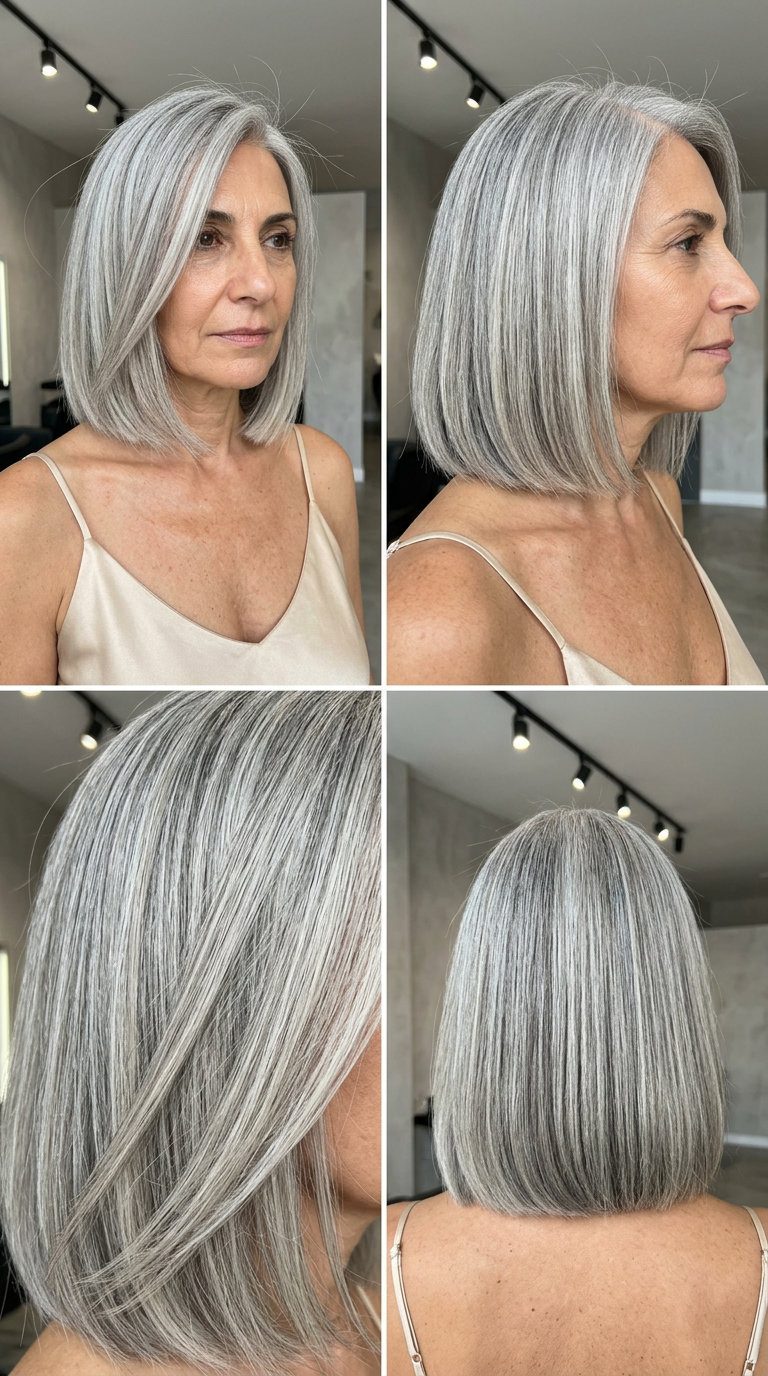 chin-length blunt lob haircut in natural oyster silver with pearlescent tones, no layers — modern and chic