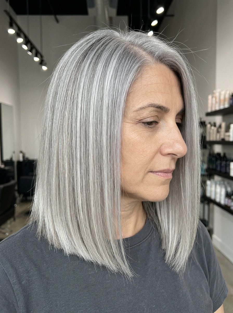 collarbone-length lob haircut in oyster silver with pearlescent gray, herringbone highlights — professional and sophisticated
