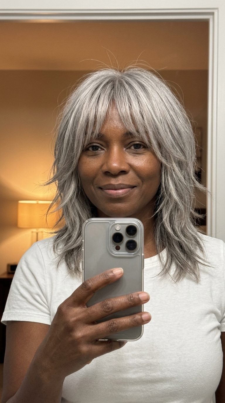 medium shag oyster silver haircut with pearlescent gray and slate lowlights for daily wear