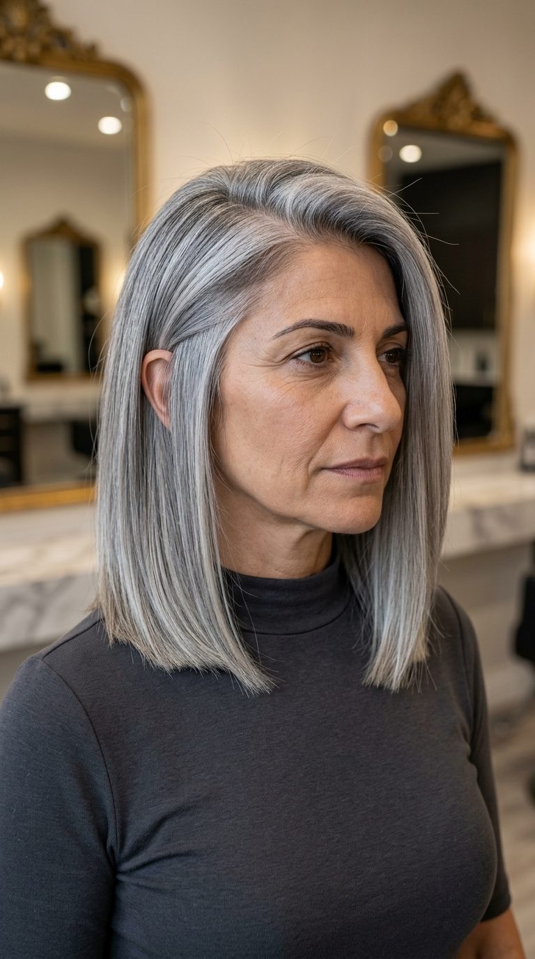 shoulder-length oyster silver lob with pearl highlights, blunt cut, deep side part — sophisticated and modern for professional settings