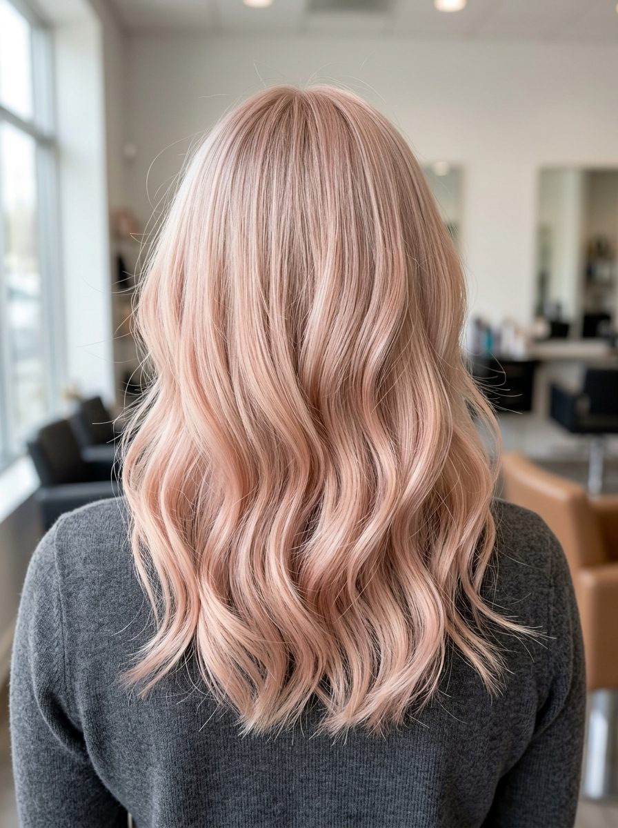 Blush Champagne Color Melt 2026 long color melt strawberry blonde hair color with pale champagne, blush pink tones, seamless transition — romantic glamorous look