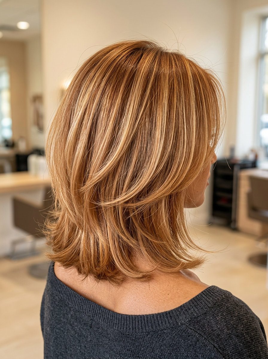 long layered auburn hair with golden-blonde babylights, face-framing highlights, no fringe — playful beach vacation