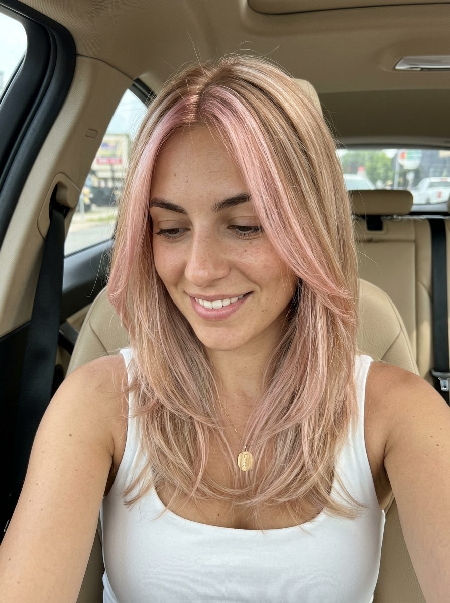 Strawberry Quartz Face-Framing 2026 long face-framing strawberry blonde hair color with pale rose, translucent pink highlights, subtle glow — ethereal chic style