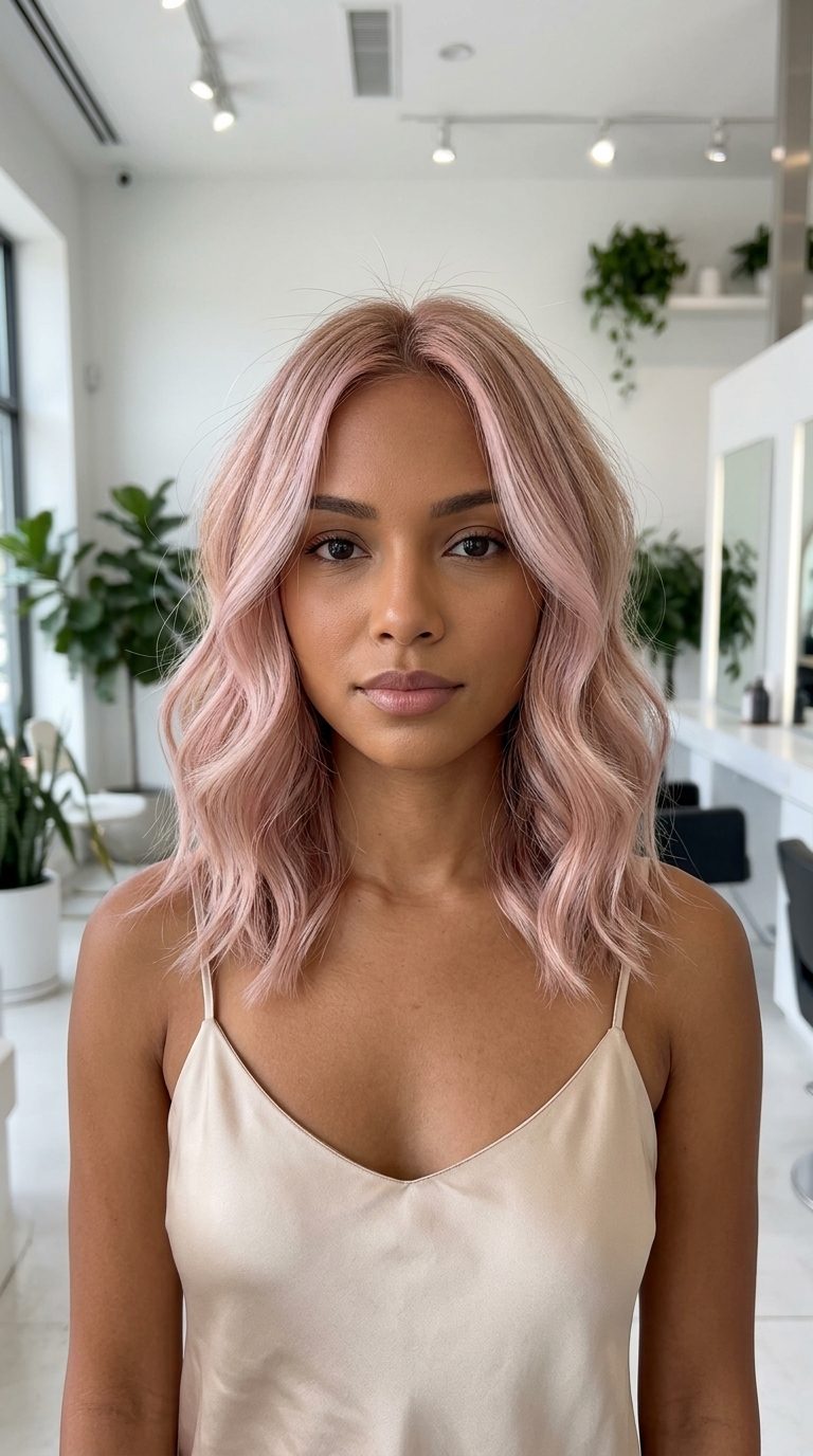 Ethereal Rose Quartz Babylights 2026 long pale strawberry blonde hair color with rose quartz babylights, shimmering babylights, no fringe — ethereal summer event