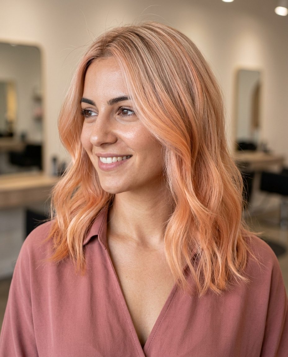 Peach Fuzz Air Touch Balayage 2026 long layered air touch balayage with pastel orange, soft blonde, blush pink undertones, no fringe — whimsical festival look