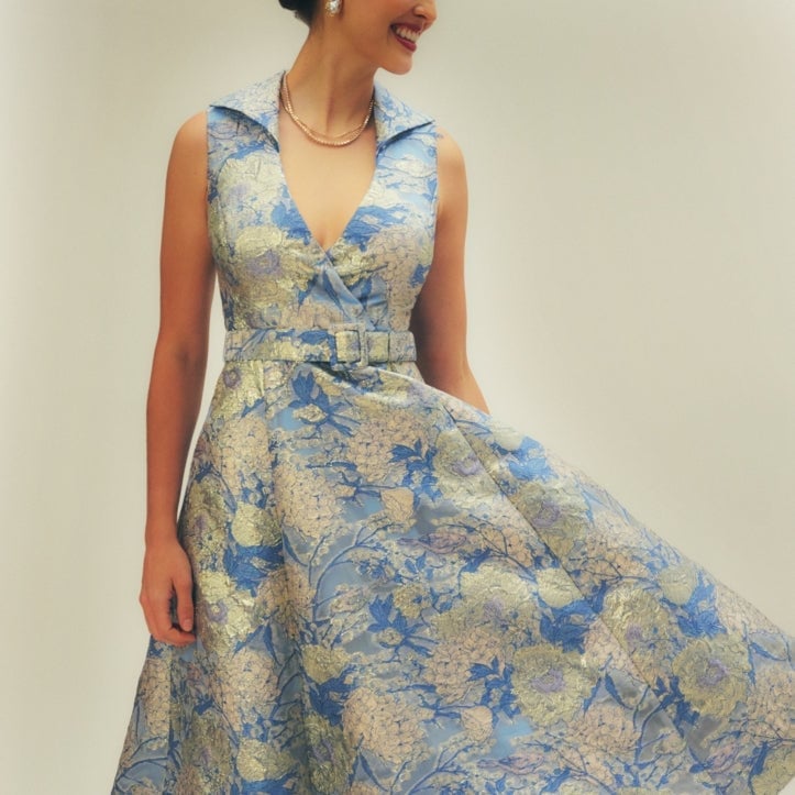 Blue Gold Floral Brocade Fit and Flare Dress Blue Gold Floral Brocade Fit and Flare Dress — Pattern Dress Ideas