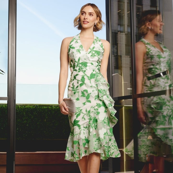 White Green Floral Print Halter Midi Dress White Green Floral Print Halter Midi Dress — Pattern Dress Ideas