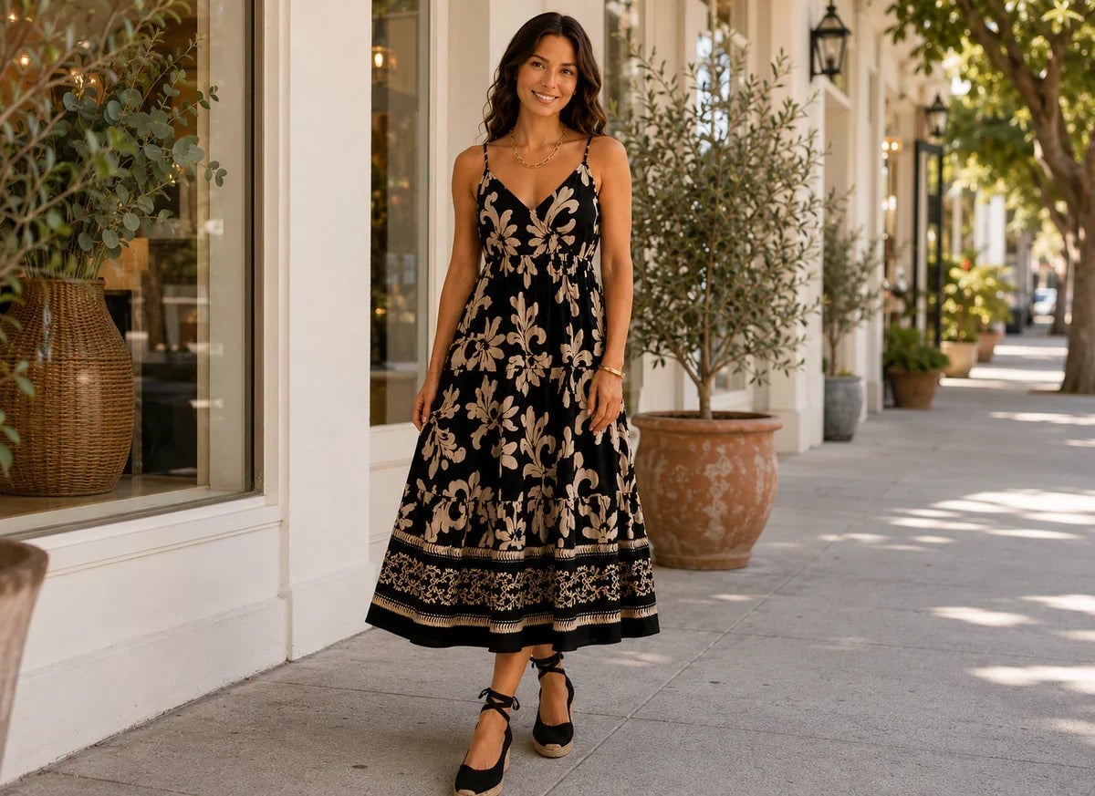 Black Beige Damask Print Tiered Midi Dress Black Beige Damask Print Tiered Midi Dress — Pattern Dress Ideas